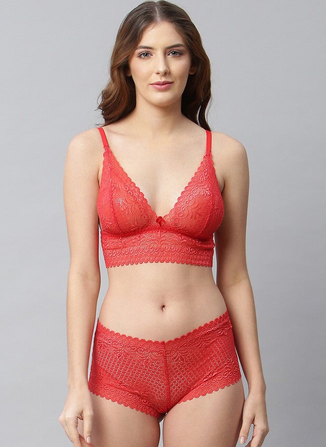 CUKOO Women Red Self-Design Lace Lingerie Set BP21-024-Red - Image 1